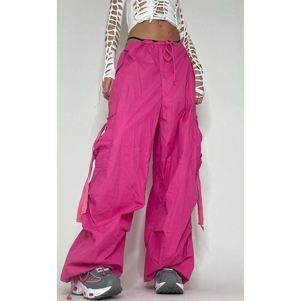 Women Girls Harajuku Big Pocket Pink Cargo Pants Wide Leg Pants trousers